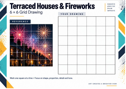 Terraced Houses and Fireworks | Bonfire Night Grid Drawing Worksheet | KS3 & KS4