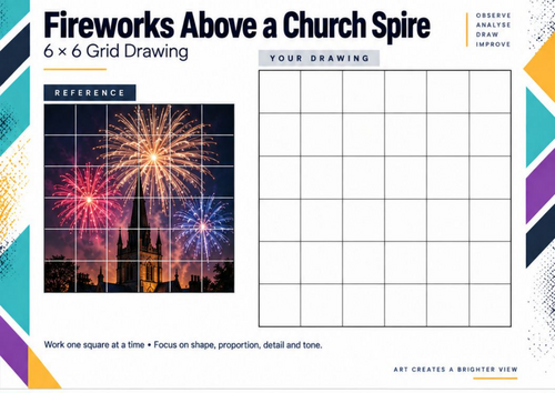 Fireworks Above a Church Spire | Bonfire Night Grid Drawing | KS3 & KS4 Art