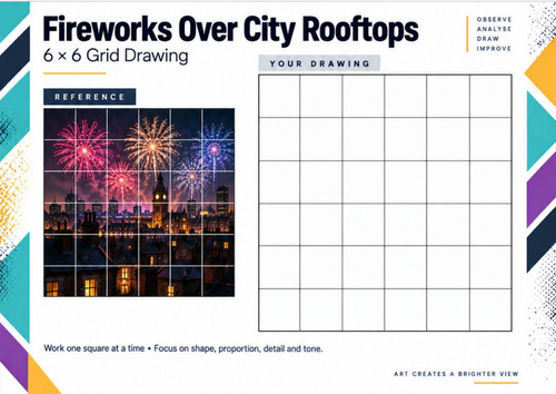 Fireworks Over City Rooftops | Bonfire Night Grid Drawing Worksheet | KS3 & KS4
