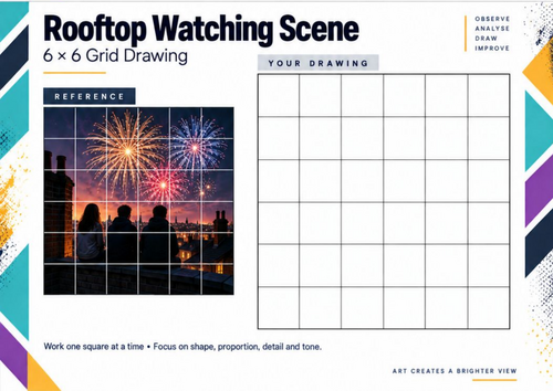 Rooftop Watching Scene | Fireworks Grid Drawing Worksheet | KS3 & KS4 Art