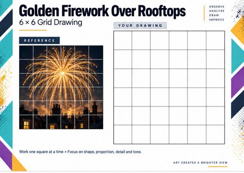 Golden Firework Over Rooftops | Bonfire Night Grid Drawing Worksheet | KS3 & KS4
