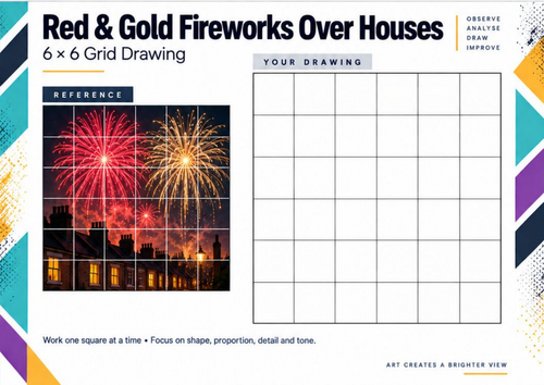 Red and Gold Fireworks Over Houses | Bonfire Night Grid Drawing | KS3 & KS4