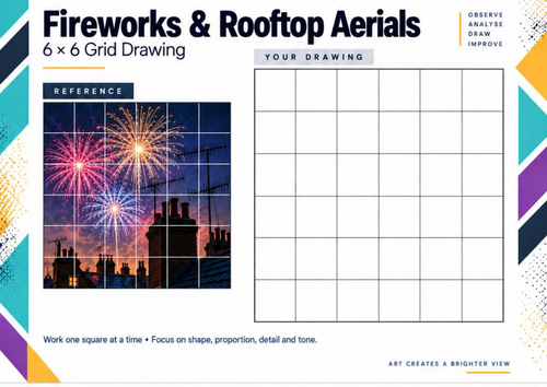 Fireworks and Rooftop Aerials | Bonfire Night Grid Drawing Worksheet | KS3 & KS4