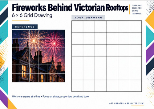 Fireworks Behind Victorian Rooftops | Bonfire Night Grid Drawing | KS3 & KS4 Art