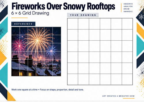 Fireworks Over Snowy Rooftops | Winter Grid Drawing Worksheet | KS3 & KS4 Art