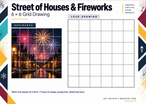 Street of Houses and Fireworks | Bonfire Night Grid Drawing Worksheet | KS3 & KS4