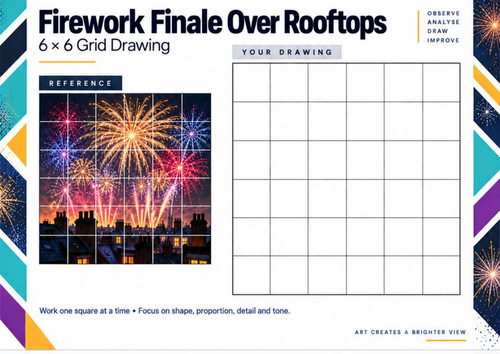 Firework Finale Over Rooftops | Bonfire Night Grid Drawing Worksheet | KS3 & KS4