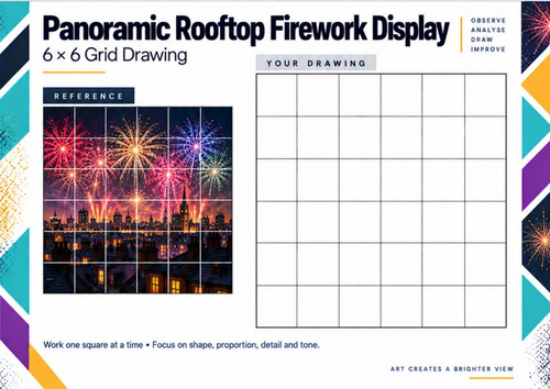 Panoramic Rooftop Firework Display | Bonfire Night Grid Drawing | KS3 & KS4