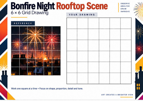Bonfire Night Rooftop Scene | Fireworks Grid Drawing Worksheet | KS3 & KS4 Art