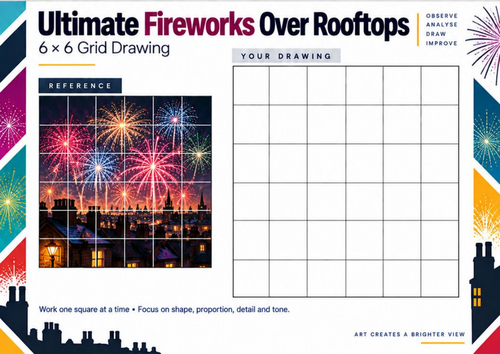 Ultimate Fireworks Over Rooftops | Bonfire Night Grid Drawing Worksheet | KS3 & KS4