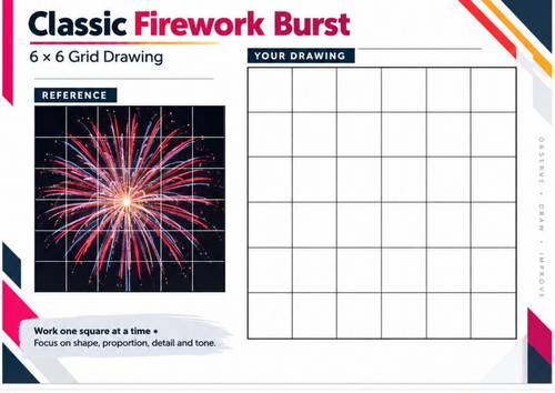 Classic Firework Burst Grid Drawing Worksheet | Bonfire Night Art | KS3 & KS4