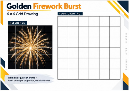 Golden Firework Burst Grid Drawing Worksheet | Fireworks Art Activity | KS3 & KS4