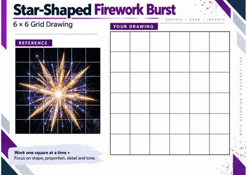 Star-Shaped Firework Grid Drawing Worksheet | Bonfire Night Art | KS3 & KS4