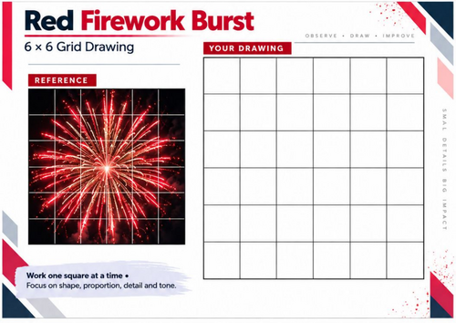 Red Firework Burst Grid Drawing Worksheet | Observational Drawing | KS3 & KS4