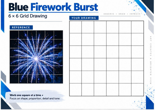 Blue Firework Burst Grid Drawing Worksheet | Fireworks Drawing | KS3 & KS4