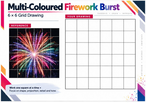 Multi-Coloured Firework Grid Drawing Worksheet | Bonfire Night Art | KS3 & KS4