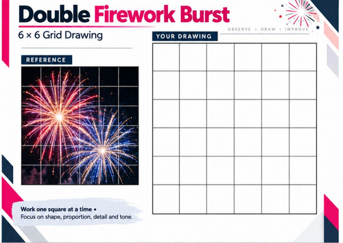 Double Firework Burst Grid Drawing Worksheet | Observational Art | KS3 & KS4