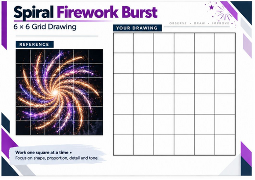 Spiral Firework Burst Grid Drawing Worksheet | Line & Movement Art | KS3 & KS4