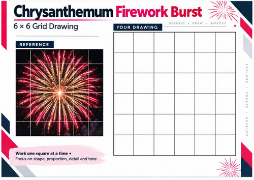 Chrysanthemum Firework Grid Drawing Worksheet | Fireworks Art | KS3 & KS4