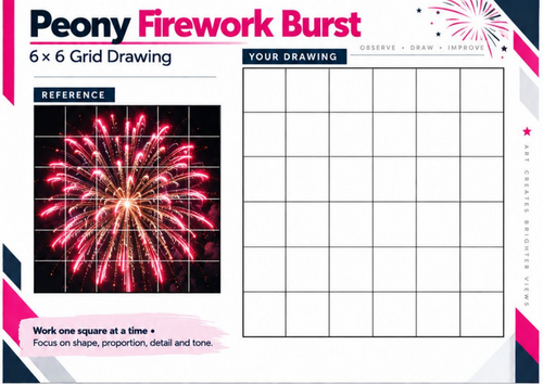 Peony Firework Burst Grid Drawing Worksheet | Bonfire Night Art | KS3 & KS4