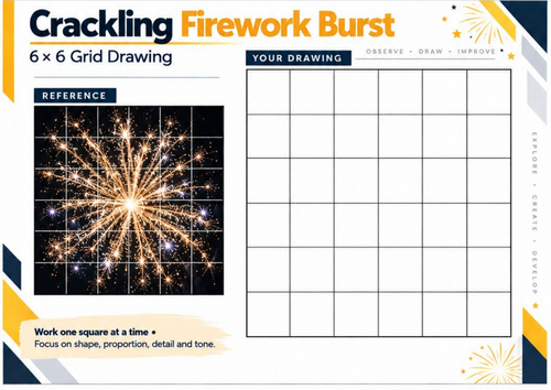 Crackling Firework Burst Grid Drawing Worksheet | Fireworks Art | KS3 & KS4