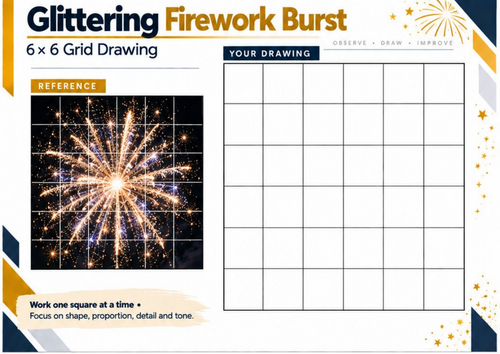 Glittering Firework Burst Grid Drawing Worksheet | Observational Art | KS3 & KS4