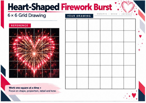 Heart-Shaped Firework Grid Drawing Worksheet | Creative Art | KS3 & KS4