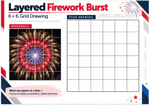 Layered Firework Burst Grid Drawing Worksheet | Bonfire Night Art | KS3 & KS4