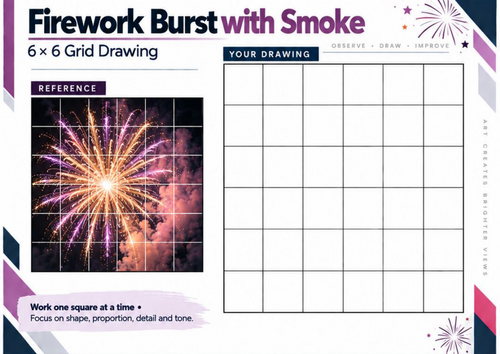 Firework Burst with Smoke Grid Drawing Worksheet | Bonfire Night Art | KS3 & KS4