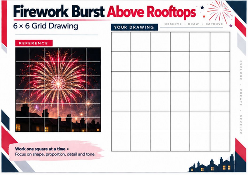 Fireworks Above Rooftops Grid Drawing Worksheet | Bonfire Night Art | KS3 & KS4