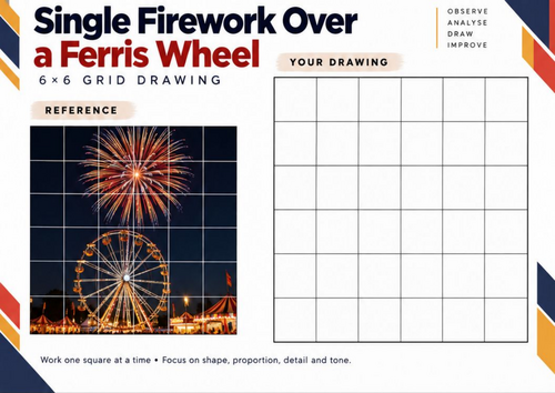 Single Firework Over a Ferris Wheel | Grid Drawing Worksheet | KS3 & KS4 Art