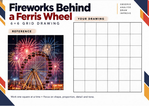 Fireworks Behind a Ferris Wheel | Grid Drawing Worksheet | KS3 & KS4 Art
