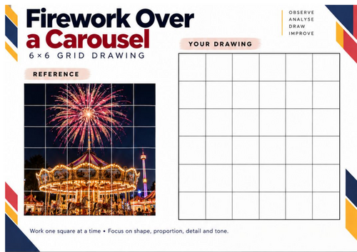 Firework Over a Carousel | Grid Drawing Worksheet | KS3 & KS4 Art