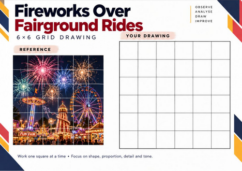 Fireworks Over Fairground Rides | Grid Drawing Worksheet | KS3 & KS4 Art