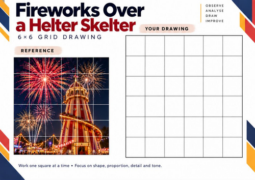 Fireworks Over a Helter Skelter | Grid Drawing Worksheet | KS3 & KS4 Art
