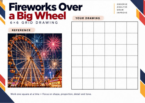 Fireworks Over a Big Wheel | Grid Drawing Worksheet | KS3 & KS4 Art