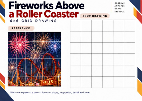 Fireworks Above a Roller Coaster | Grid Drawing Worksheet | KS3 & KS4 Art