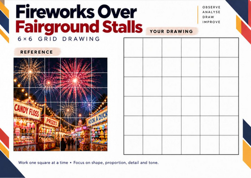 Fireworks Over Fairground Stalls | Grid Drawing Worksheet | KS3 & KS4 Art