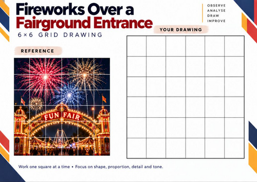 Fireworks Over a Fairground Entrance | Grid Drawing Worksheet | KS3 & KS4 Art