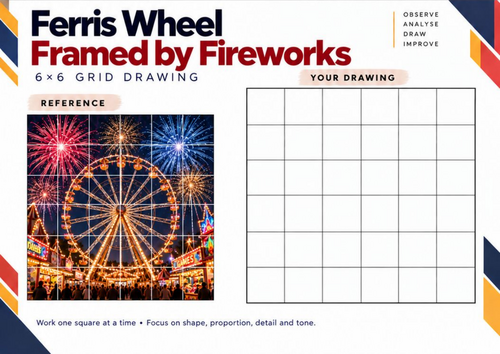 Ferris Wheel Framed by Fireworks | Grid Drawing Worksheet | KS3 & KS4 Art