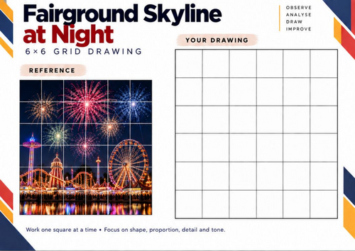 Fairground Skyline at Night | Grid Drawing Worksheet | KS3 & KS4 Art