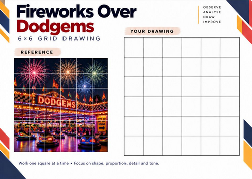 Fireworks Over Dodgems | Grid Drawing Worksheet | KS3 & KS4 Art
