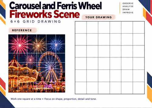 Carousel and Ferris Wheel Fireworks Scene | Grid Drawing Worksheet | KS3 & KS4 Art