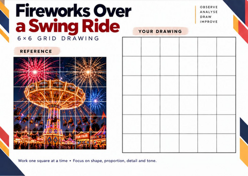 Fireworks Over a Swing Ride | Grid Drawing Worksheet | KS3 & KS4 Art