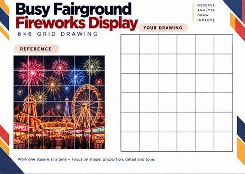 Busy Fairground Fireworks Display | Grid Drawing Worksheet | KS3 & KS4 Art