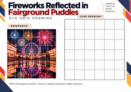 Fireworks Reflected in Fairground Puddles | Grid Drawing Worksheet | KS3 & KS4 Art