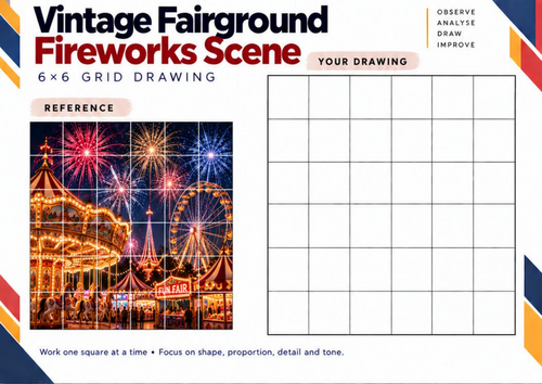 Vintage Fairground Fireworks Scene | Grid Drawing Worksheet | KS3 & KS4 Art