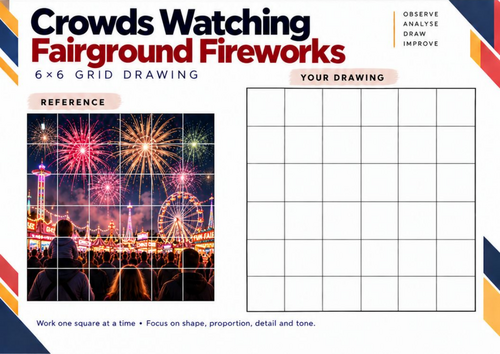 Crowds Watching Fairground Fireworks | Grid Drawing Worksheet | KS3 & KS4 Art