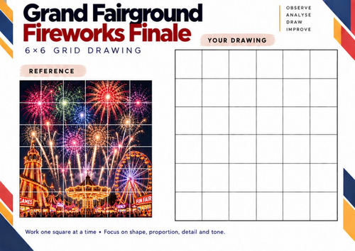 Grand Fairground Fireworks Finale | Grid Drawing Worksheet | KS3 & KS4 Art