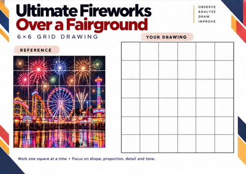 Ultimate Fireworks Over a Fairground | Grid Drawing Worksheet | KS3 & KS4 Art